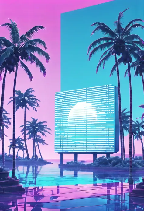 (vaporwave aesthetics:1.8)，futuristic city, english title，fantasy, matrix, desert, ocean, chinese pavilions,retro screen close-u...