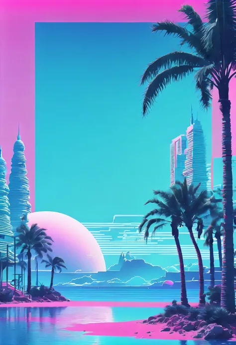 (vaporwave aesthetics:1.8)，futuristic city, english title，fantasy, matrix, desert, ocean, chinese pavilions,retro screen close-u...