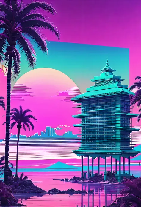 (vaporwave aesthetics:1.8)，futuristic city, english title，fantasy, matrix, desert, ocean, chinese pavilions,retro screen close-u...