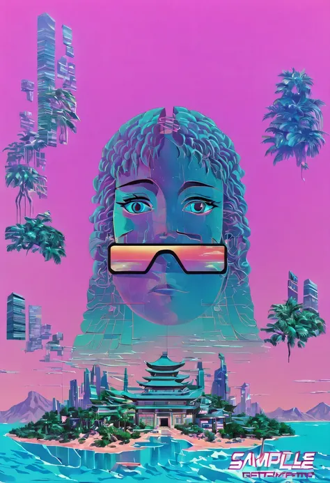 vaporwave怪诞美学,High saturation color,David bust sculpture head and body separated,  double contact, 商品ocean报,High saturation color,futuristic city, English title，fantasy, matrix, desert, ocean, Chinese pavilions,Retro screen close-up,coconut tree,24th centu...