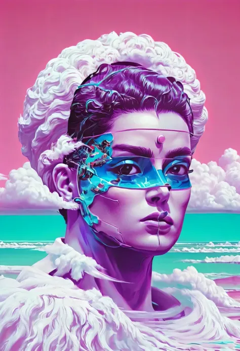 vaporwave怪诞美学,high saturation color,david bust sculpture head and body separated,  double contact, 商品ocean报,high saturation colo...