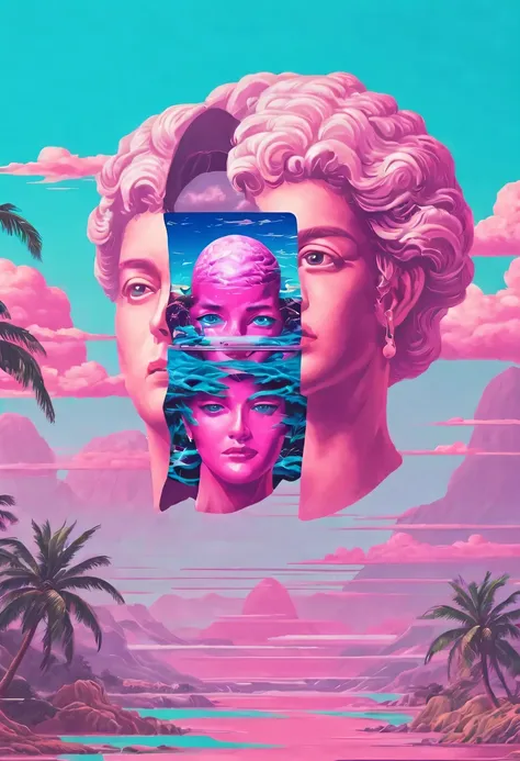 vaporwave怪诞美学,High saturation color,David bust sculpture head and body separated,  double contact, 商品ocean报,High saturation color,futuristic city, English title，fantasy, matrix, desert, ocean, pyramid,Retro screen close-up,coconut tree,24th century,Strong ...