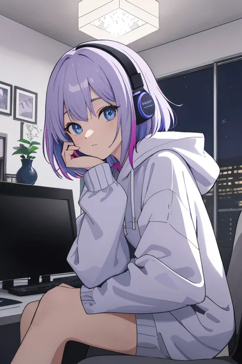 Scene View,null,anime style, house light ,night,headrest, intense angle, Curtsey,(Light purple hair)、(Web Hair)、medium hair、sparkling blue eyes、winter scenery,highest quality、Multicolored hair、((indoor))、headphone、white hoodie