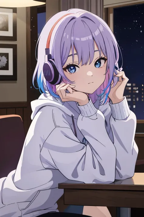 Scene View,null,anime style, house light ,night,headrest, intense angle, Curtsey,(Light purple hair)、(Web Hair)、medium hair、sparkling blue eyes、winter scenery,highest quality、Multicolored hair、((indoor))、headphone、white hoodie