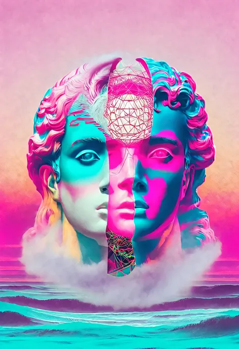 vaporwave怪诞美学,high saturation color,david bust sculpture head and body separated,  double contact, 商品ocean报,high saturation colo...