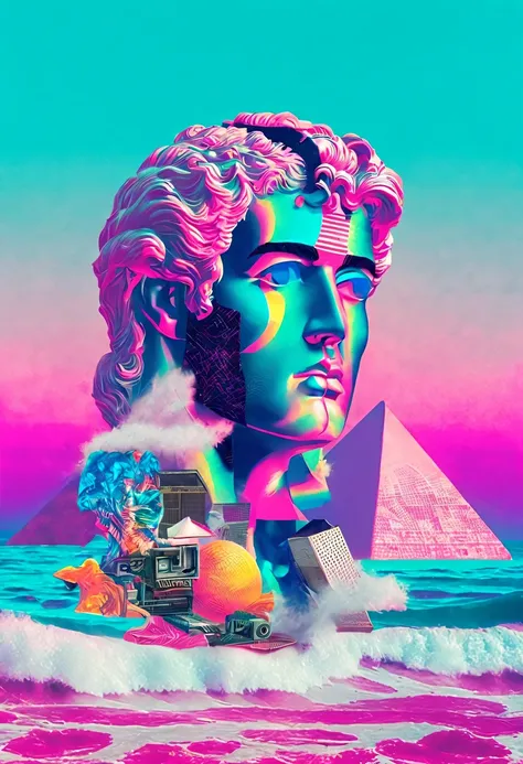 vaporwave怪诞美学,High saturation color,David bust sculpture head and body separated,  double contact, 商品ocean报,High saturation color,futuristic city, English title，fantasy, matrix, desert, ocean, pyramid,Retro screen close-up,coconut tree,24th century,Strong ...