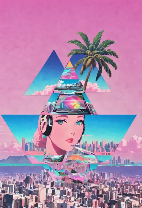 vaporwave怪诞美学,High saturation color,David bust sculpture head and body separated,  double contact, 商品ocean报,High saturation color,futuristic city, English title，fantasy, matrix, desert, ocean, pyramid,Retro screen close-up,coconut tree,24th century,Strong ...