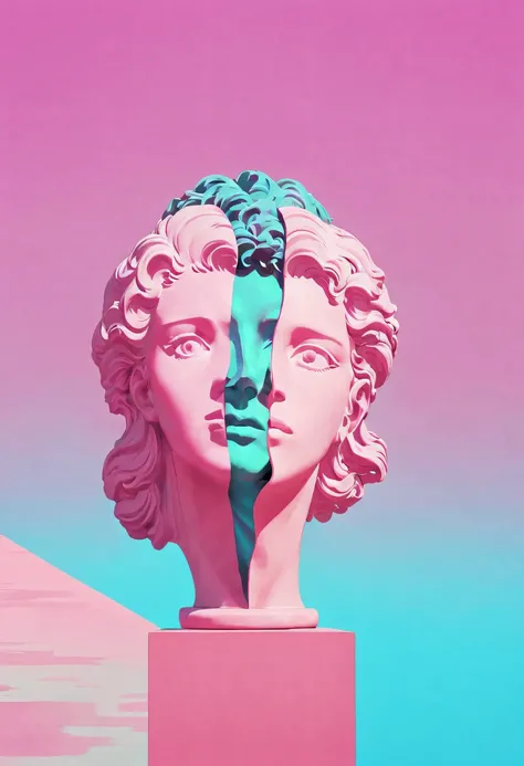 Vaporwave weird aesthetics,High saturation color,David bust sculpture head and body separated, 