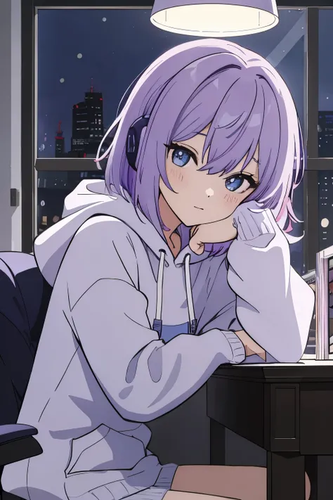 Scene View,null,anime style, house light ,night,headrest, intense angle, Curtsey,(Light purple hair)、(Web Hair)、medium hair、sparkling blue eyes、winter scenery,highest quality、Multicolored hair、((indoor))、headphone、white hoodie