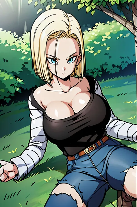 masterpiece, detailed face, 
android 18,  buu saga, , 1girl, solo, looking at viewer, short hair, blue eyes, blonde hair, collar...