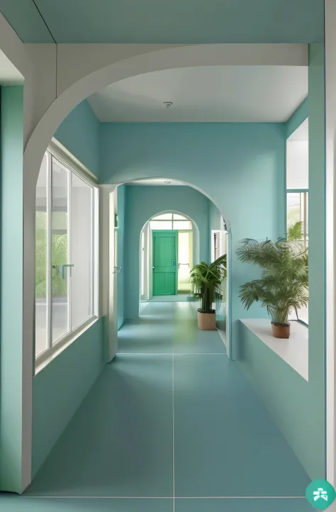 increase quality of image, remove left window, change the door at the end of corridor to single green blue pastel door, use green blue color for design