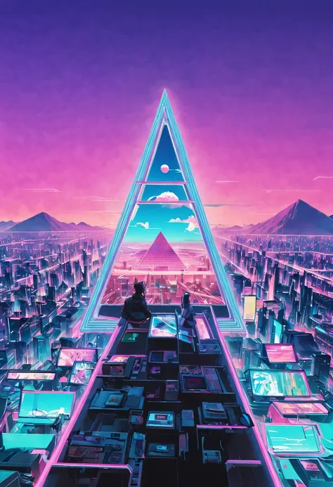 The head and body are separate, David sculpture interior, double contact, 商品ocean报,High saturation color,cyberpunk city in background, Ink punk, Colorful neon lights，futuristic city, English title，fantasy, matrix, desert, ocean, pyramid,Screen close-up,coc...