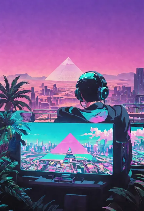 The head and body are separate, David sculpture interior, double contact, 商品ocean报,High saturation color,cyberpunk city in background, Ink punk, Colorful neon lights，futuristic city, English title，fantasy, matrix, desert, ocean, pyramid,Screen close-up,coc...