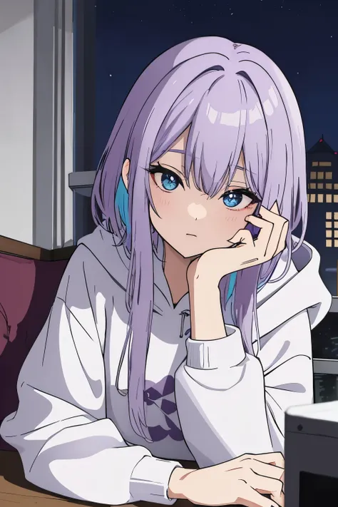 Scene View,null,anime style, house light ,night,headrest, intense angle, Curtsey,(Light purple hair)、(Web Hair)、medium hair、sparkling blue eyes、winter scenery,highest quality、Multicolored hair、((indoor))、headphone、white hoodie