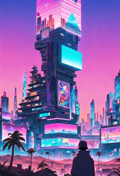 The head and body are separate, David sculpture interior, double contact, 商品ocean报,High saturation color,cyberpunk city in background, Ink punk, Colorful neon lights，futuristic city, English title，fantasy, matrix, desert, ocean, pyramid,Screen close-up,coc...