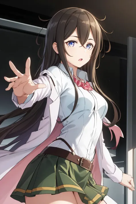 solo, 1girl, suginami ikaruga, mole,
BREAK  (labcoat, shirt, green skirt, belt:1,2)
BREAK cowboy shot, front view:1.0, looking at viewer, looking away, (grasp, pleated skirt, grabbing the buttocks:1.2), 
BREAK train,
BREAK (masterpiece:1.2), best quality, ...