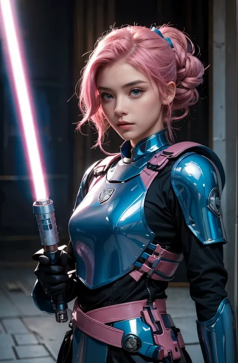 A very beautiful woman. Twenty years old. pink hair. She wears a blue metallic battle uniform. He holds a light saber in one hand. Serious look.