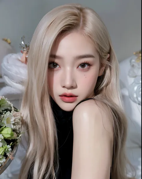 Un primer plano de una mujer con cabello largo y rubio posando para una foto, parque roseanne de blackpink, portrait of jossi de blackpink, jossi de blackpink, maquillaje popular de corea del sur, retrato de jisoo rosa negro, extremely pale blonde hair, ma...