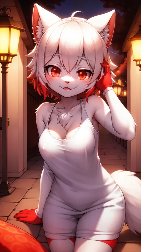 furry, white fur, ultra cute face, red elements on fur, glowing t-shrt, beautiful lights and shadows, ambient light, ultra detailed fur, volumetric light