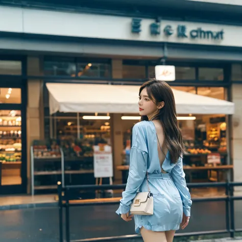 Back view of beautiful woman in blue clothes，Facing the sea、supermarket