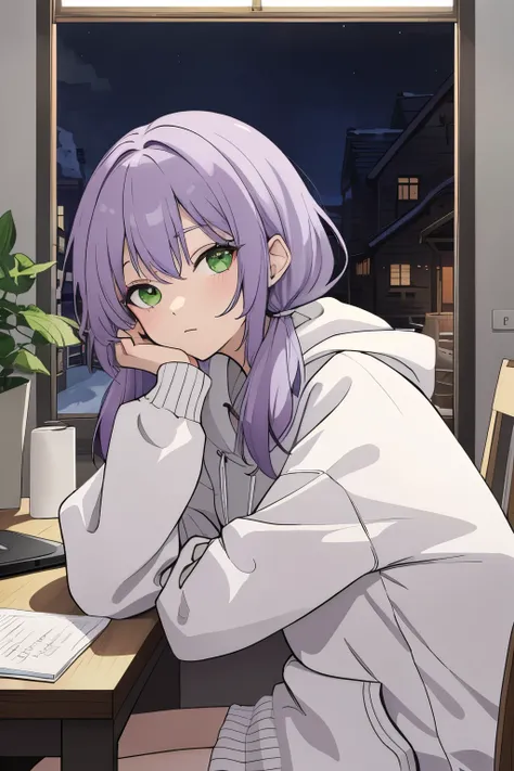 Scene View,null,anime style, house light ,night,headrest, intense angle, Curtsey,(Light purple hair)、medium hair、large round green eyes、winter scenery,highest quality、Multicolored hair、((indoor))、headphone、white hoodie,low twintails