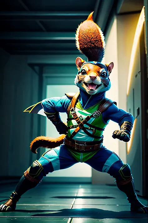 A photo of a fabulous animal Squirrel as dressed in Ninja Turtle, human stance, smiling, fitting Background, full body Photo, cinematic, full shot --fast --v 6.0 --ar 2:3