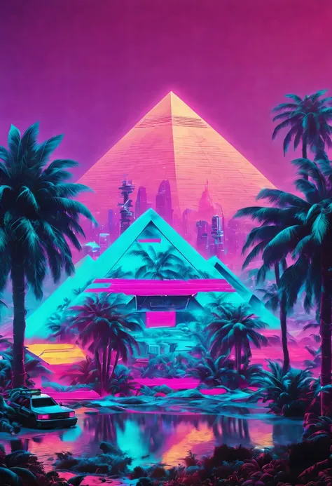 vaporwave头部和身体分开, Sculpture interior, double contact, cyberpunk city in background, Ink punk, Colorful neon lights，futuristic city, English characters，fantasy, matrix, desert, ocean, pyramid,Screen close-up,coconut tree, 24th century,Strong psychedelic col...