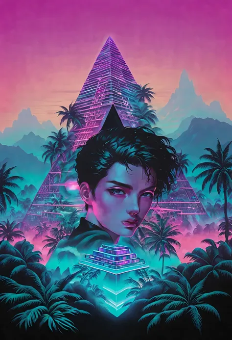 vaporwave头部和身体分开, sculpture interior, double contact, cyberpunk city in background, ink punk, colorful neon lights，futuristic ci...