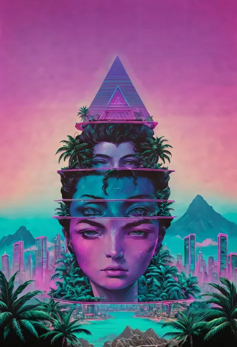 The head and body are separate, Sculpture interior, double contact, cyberpunk city in background, Ink punk, Colorful neon lights，futuristic city, English characters，fantasy, matrix, desert, ocean, pyramid， coconut tree, 24th century, vaporwave nostalgia, v...