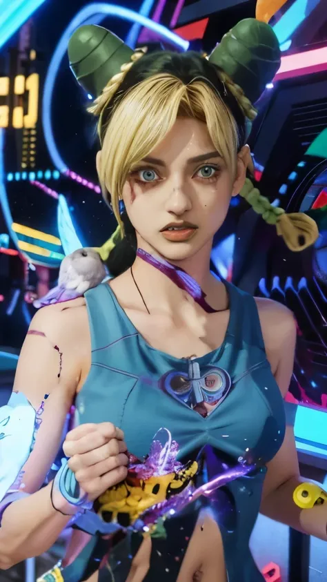 a girl with horns and a blue shirt holding a bird, jojo anime style, joseph joestar, dreamy psychedelic anime, in jojos bizarre adventure, gyro zeppeli, psychedelic manga, annie leonhart in a neon city, sanji, anime styled digital art, official artwork, an...