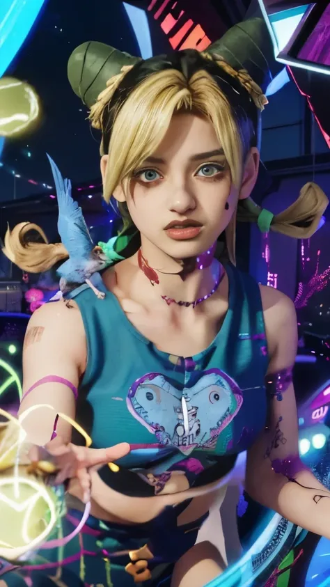 a girl with horns and a blue shirt holding a bird, jojo anime style, joseph joestar, dreamy psychedelic anime, in jojos bizarre adventure, gyro zeppeli, psychedelic manga, annie leonhart in a neon city, sanji, anime styled digital art, official artwork, an...