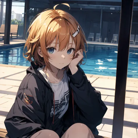 Super high quality by the art god, super detailed, High resolution, Shinkai Makoto style, anime moe art style, best anime 8K konachan wallpaper, pixiv contest winner, perfect anatomy, break,(Draw a picture of a sleepy girl sitting on a bench by the pool.),...