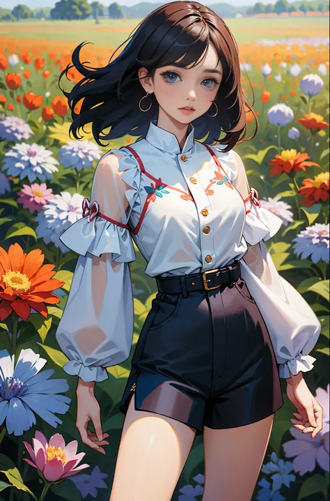 masterpiece,best quality, 1girl, cowboy shot, top with transparent sleeves and shorts,, ,flowers, in a field,
