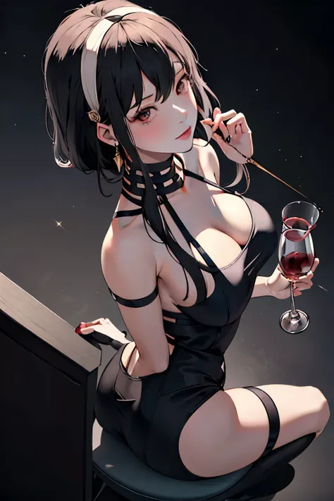 girl sitting на столе, girl in evening dress, girl drinking wine, Girl holding a glass of wine, A glass in hand, girl sitting,  Girl in a black dress, view from above, Foreshortening from above, camera from above, bar construction, girl sitting на барной с...