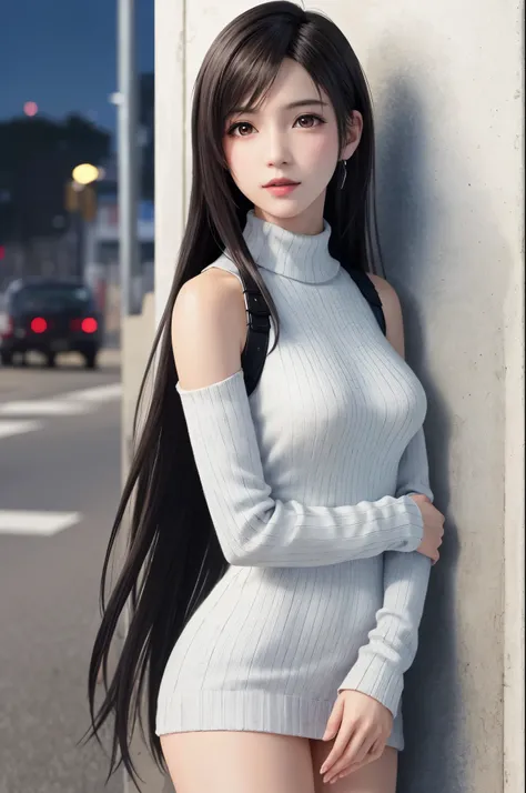 (top quality, masutepiece: 1.1), (Realistic: 1.3), (photoRealistic: 1.3), BREAK (((FF7,Tifa_lockhart))),(wearing oversized loose sweater, Exquisite cloth ,turtleneck,knit dress:1.3,long sleeve:1.2,white),(short pants),(tight very long boots:1.2),(backgroun...