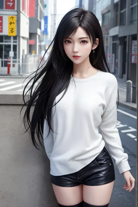 (top quality, masutepiece: 1.1), (Realistic: 1.3), (photoRealistic: 1.3), BREAK (((FF7,Tifa_lockhart))),(wearing oversized loose sweater, Exquisite cloth ,crew neck,knit dress:1.3,long sleeve:1.2,white),(short pants),(tight very long boots:1.2),(background...