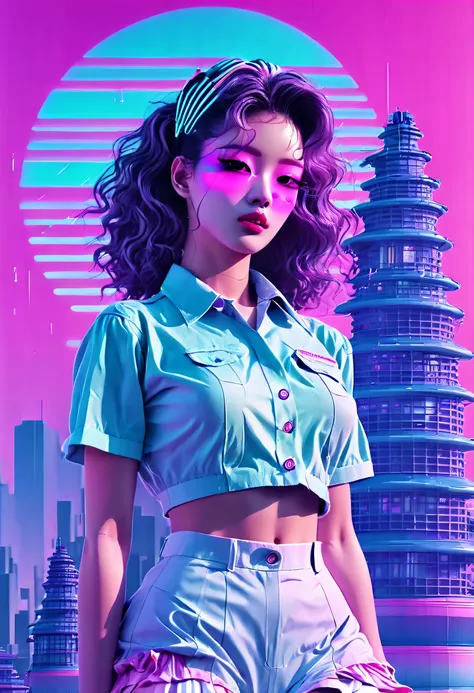 (Vaporwave Aesthetic:1.8), Beautiful vaporwave aesthetics in artwork,cyber punk girl