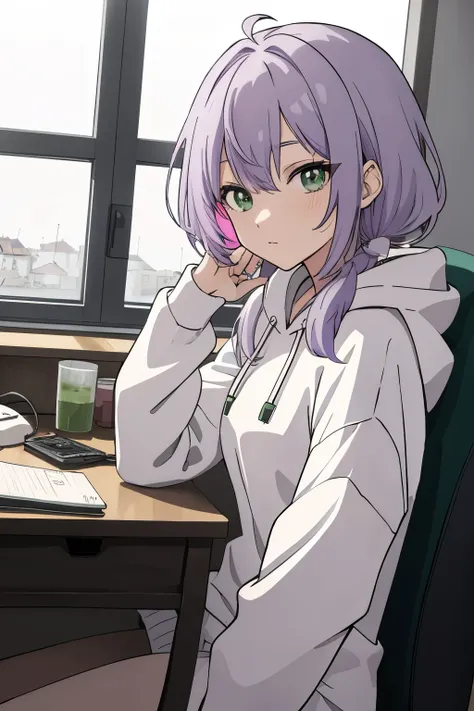 Scene View,null,anime style,night,headrest, intense angle, Curtsey,(Light purple hair)、medium hair、large round green eyes、winter scenery,highest quality、Multicolored hair、((indoor))、headphone、white hoodie,low twintails