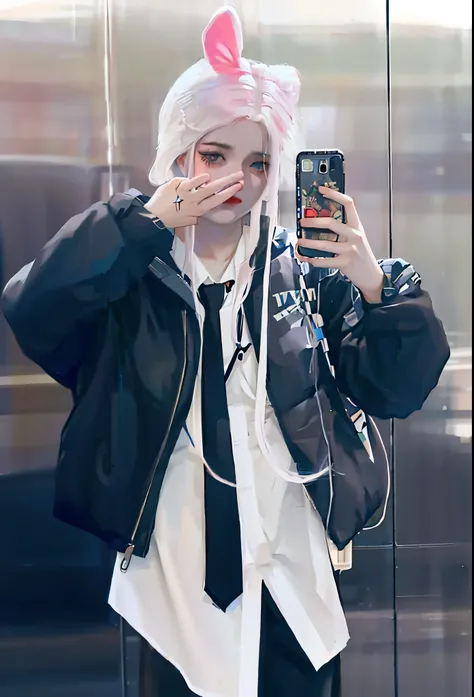 Woman in a black jacket and tie takes a selfie in front of an elevator, Billie Eilish as a nun, Billie Eilish as a sad nun, She wears street clothes, Her hair is white, wear Japanese technical clothes, Nile Toroni, Billie Eilish, photo of a woman in techwe...