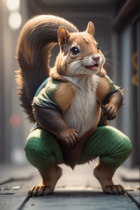 A photo of a fabulous animal Squirrel as dressed in Ninja Turtle, human stance, smiling, fitting Background, full body Photo, cinematic, full shot 