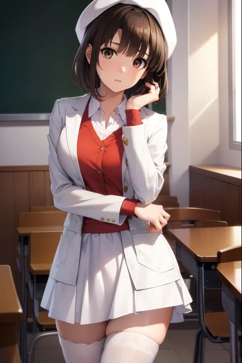 katoumegumi, megumi katou, brown hair, short hair, (brown eyes:1.7), 
BREAK hat, jacket, long sleeves, thighhighs, white headwear, white thighhighs, dress, white dress, (red jacket:1.5), (white hat:1.5), open cardigan, open clothes,
BREAK looking at viewer...