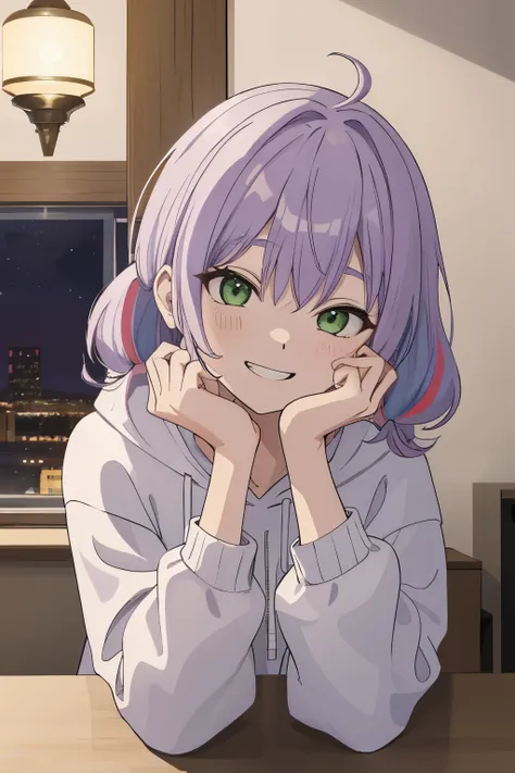 Scene View,null,anime style,night,headrest, intense angle, Curtsey,(Light purple hair)、medium hair、large round green eyes、winter scenery,highest quality、Multicolored hair、((indoor))、headphone、white hoodie,low twintails、grin