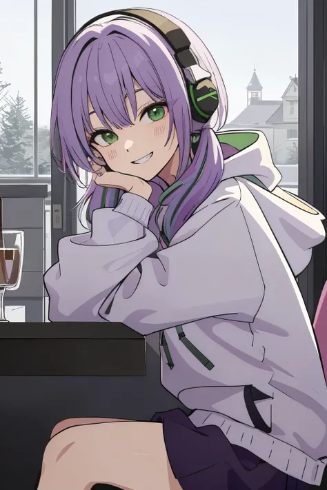 Scene View,null,anime style,night,headrest, intense angle, Curtsey,(Light purple hair)、medium hair、large round green eyes、winter scenery,highest quality、Multicolored hair、((indoor))、headphone、white hoodie,low twintails、grin