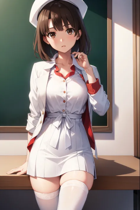 katoumegumi, megumi katou, brown hair, short hair, (brown eyes:1.7), 
BREAK hat, jacket, long sleeves, thighhighs, white headwear, white thighhighs, dress, white dress, (red jacket:1.5), (white hat:1.5), open cardigan, open clothes,
BREAK looking at viewer...