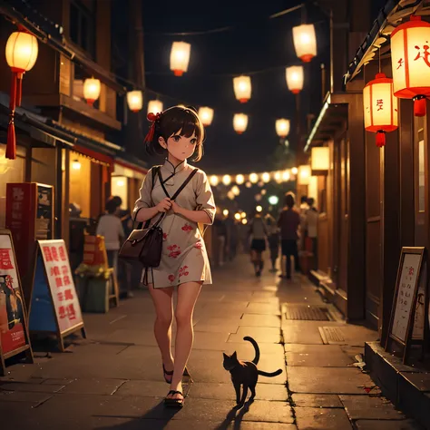 A young girl carries a cloth bag and walks next to a cat in a nighttime atmosphere. Bokeh, lanterns, China.