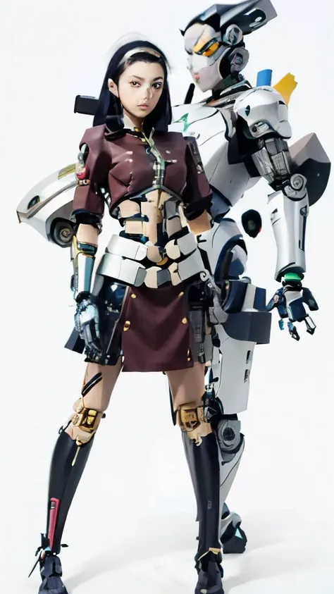 a couple of anime characters standing next to each other, anime manga robot!! anime girl, anime cyborg, fully robotic!! girl, cyborg merchant girl, anime robotic mixed with organic, she half human and half robot, perfect anime cyborg woman, anime robots, c...