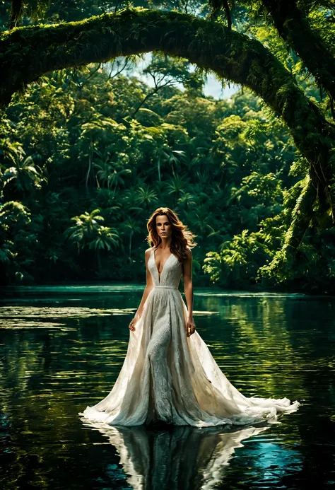 Uma linda Garota (Kate Beckinsale), (28 anos), com um vestido Marrom com detalhes em branco, in the heart of the lush jungle, details in the sunlight that filtered through the dense canopy above. Beside the majestic tree, a large, serene lake reflected the...