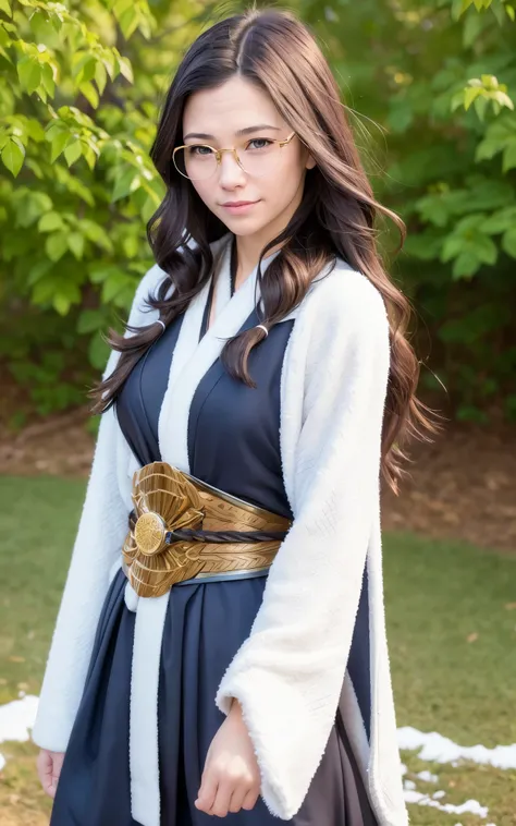 Young ainu woman with the face of (Gal Gadot:Evangeline Lilly), (looking at viewer, light smile, ), brown hair, brown eyes,  long hair, hair_flying, Fluttering hair, flying_hair, ((Transparent glasses, glasses, glasses_on_nose)), ((traditional ainu clothes...