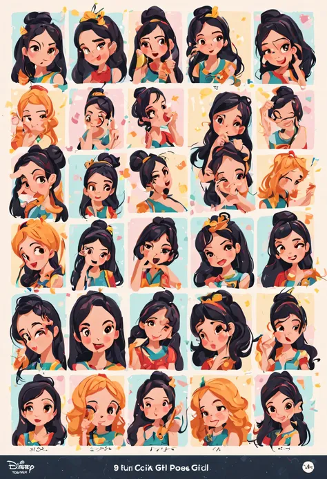 1 cute girl，9 squares，9 poses and expressions，disney style，black strokes，different emotions，8k