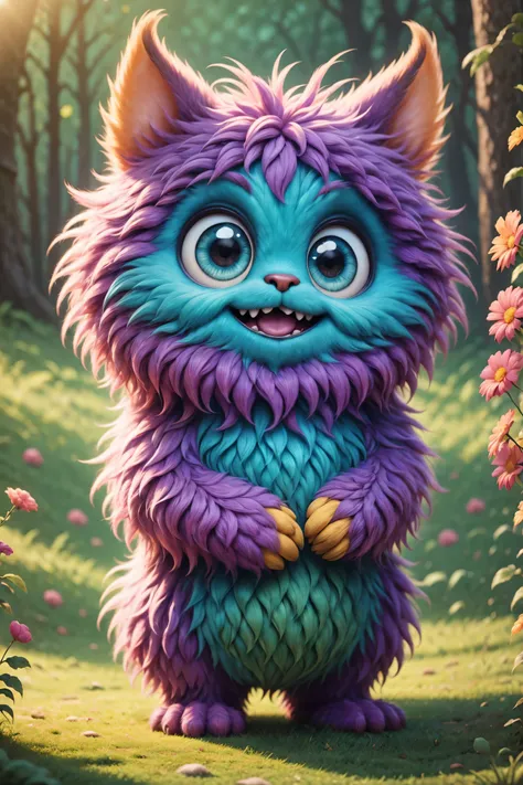 （best quality），super fine，lifelike，3d rendering，cute furry monster，cute eyes，cartoonish style，colorful fur，mischievous expressio...